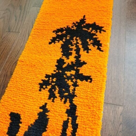 60s Latch Hook Wall Hanging 14"x39" Vintage MCM Orange Black Camel Rider Palm - Picture 3 of 9